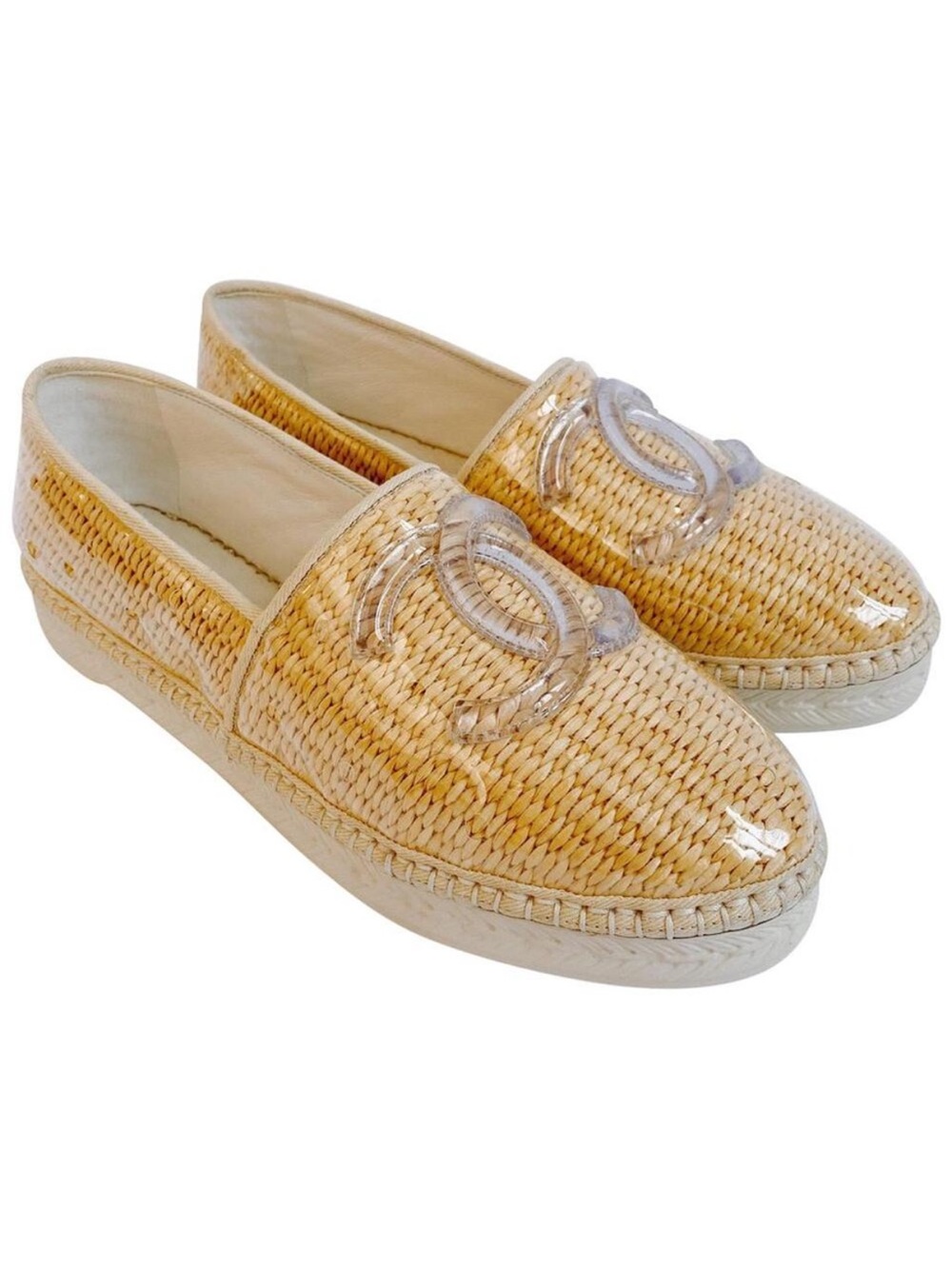 CHANEL CC logo raffia clear PVC espadrilles flats